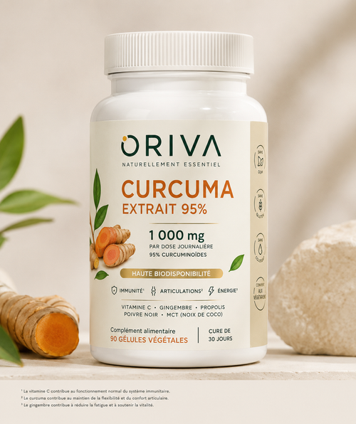 Flacon ORIVA Curcuma Extrait 95 % — 1 000 mg par dose journalière, 90 gélules végétales, cure de 30 jours