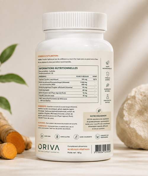Dos du flacon ORIVA — composition complète et quantités en milligrammes : curcuma titré 95 %, vitamine C, gingembre, propolis, poivre noir, huile de coco